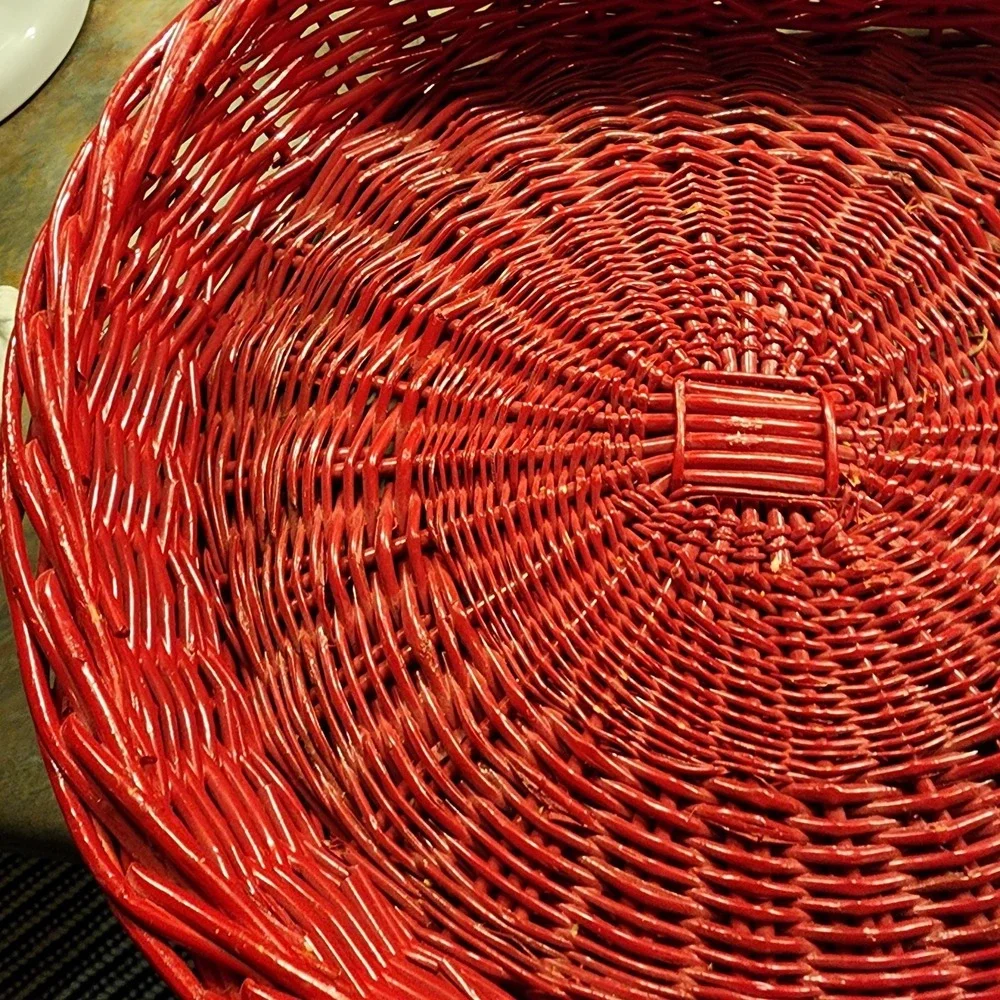 Vintage Red Wicker Apple Shaped Large Basket With Green Stem, Serving